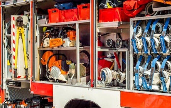 Fire equipment stored in an emergency response vehicle.