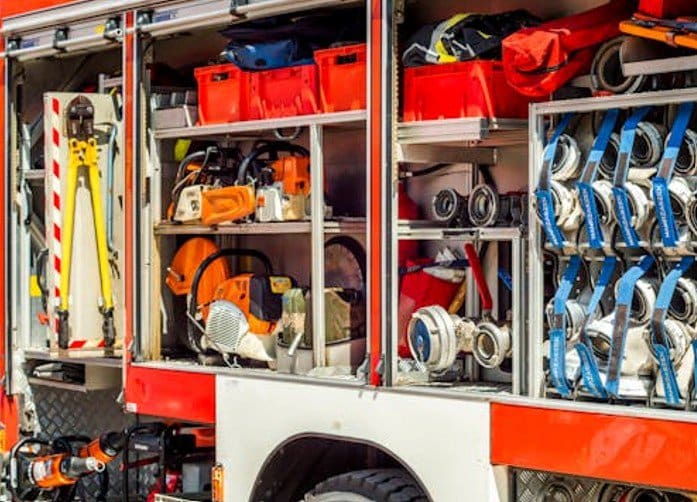 Fire equipment stored in an emergency response vehicle.