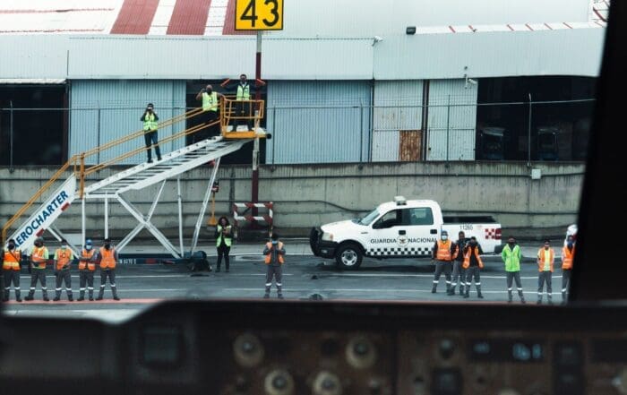 Mutual aid crews on standby at an airport.